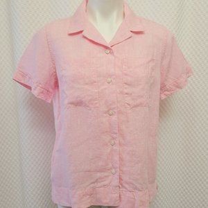 L.L BEAN 100% Linen Pink Button Front Camp Shirt Women's Short Sleeve Size XS